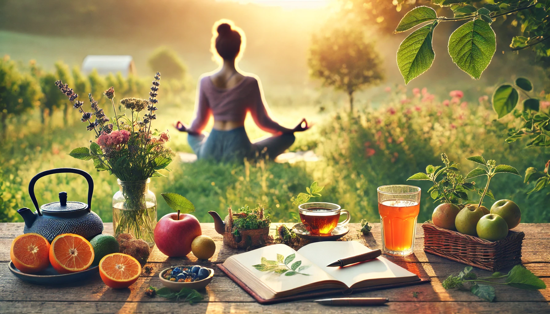 A serene outdoor setting with a person meditating on a yoga mat surrounded by lush greenery and soft morning light, symbolizing holistic wellness. A nearby table holds fresh fruits, herbal tea, and an open journal, representing planning and a balanced lifestyle.